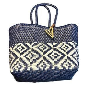 Maria Victoria Blue White Handwoven Tote Bag Plastic Market Purse Beach Bag